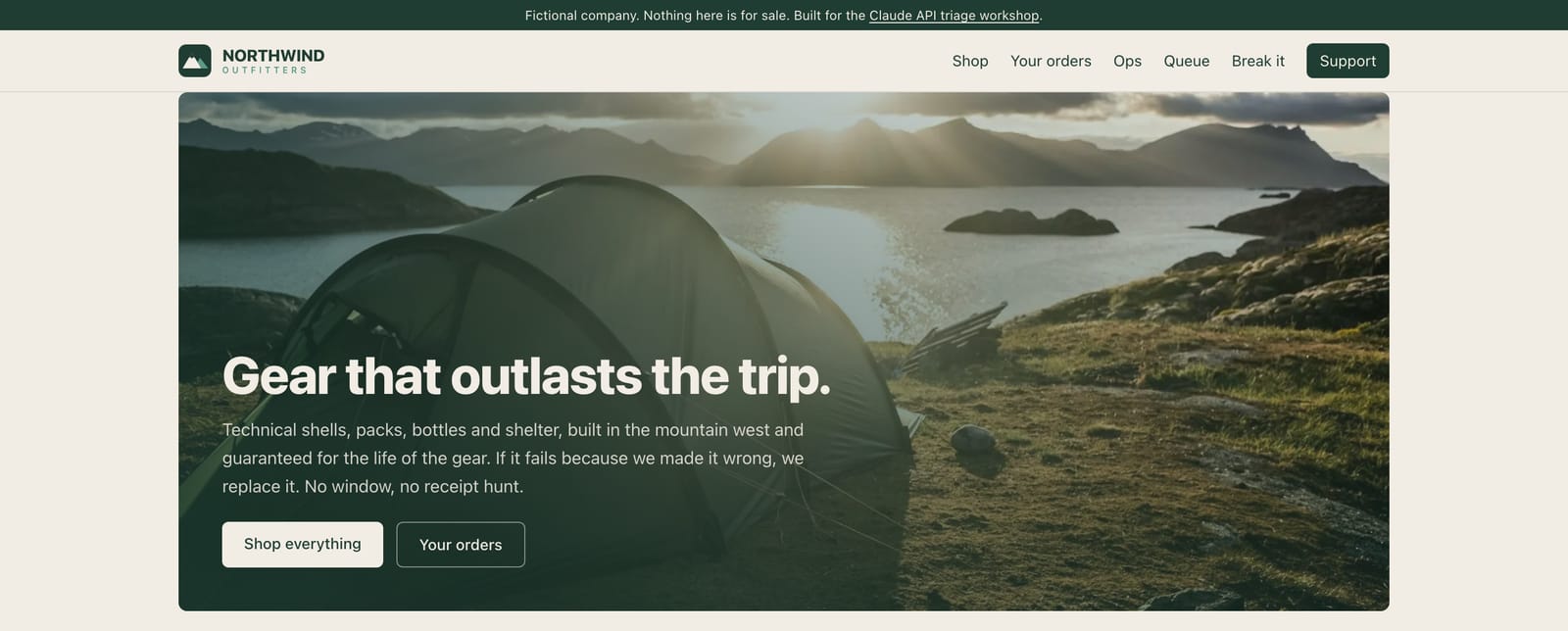 The Northwind Outfitters storefront: a tent pitched at sunrise